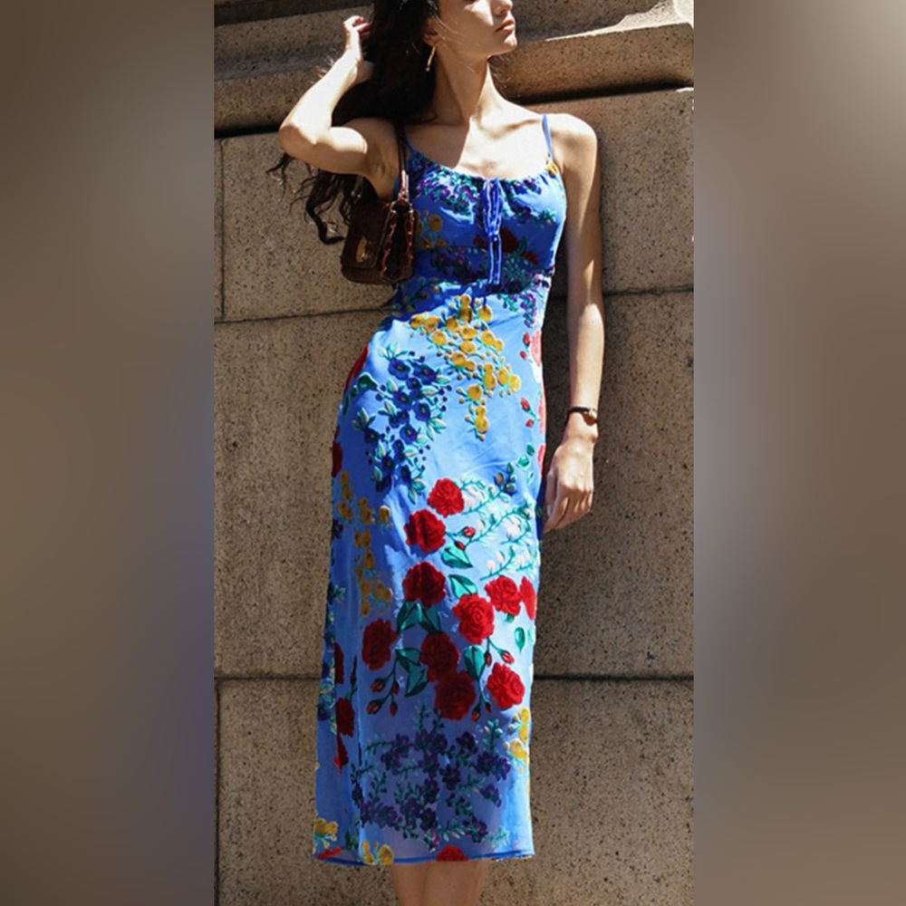 Commense Blue Spaghetti Strap Sundress for Wedding Guest